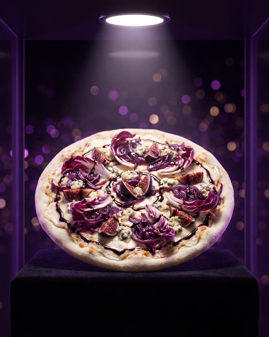 Amatista — pizza DIAMANTI presentada como gema en vitrina de joyería, luz de escaparate