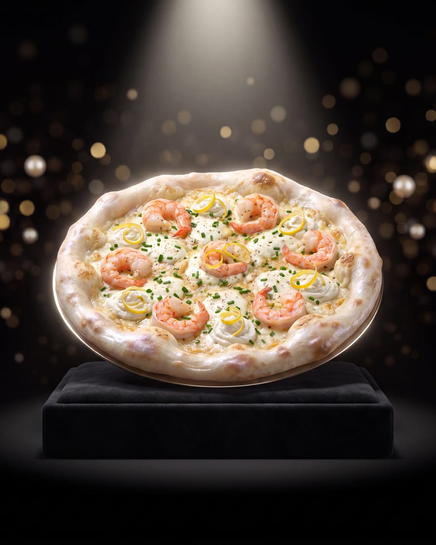 Perla — pizza DIAMANTI presentada como gema en vitrina de joyería, luz de escaparate